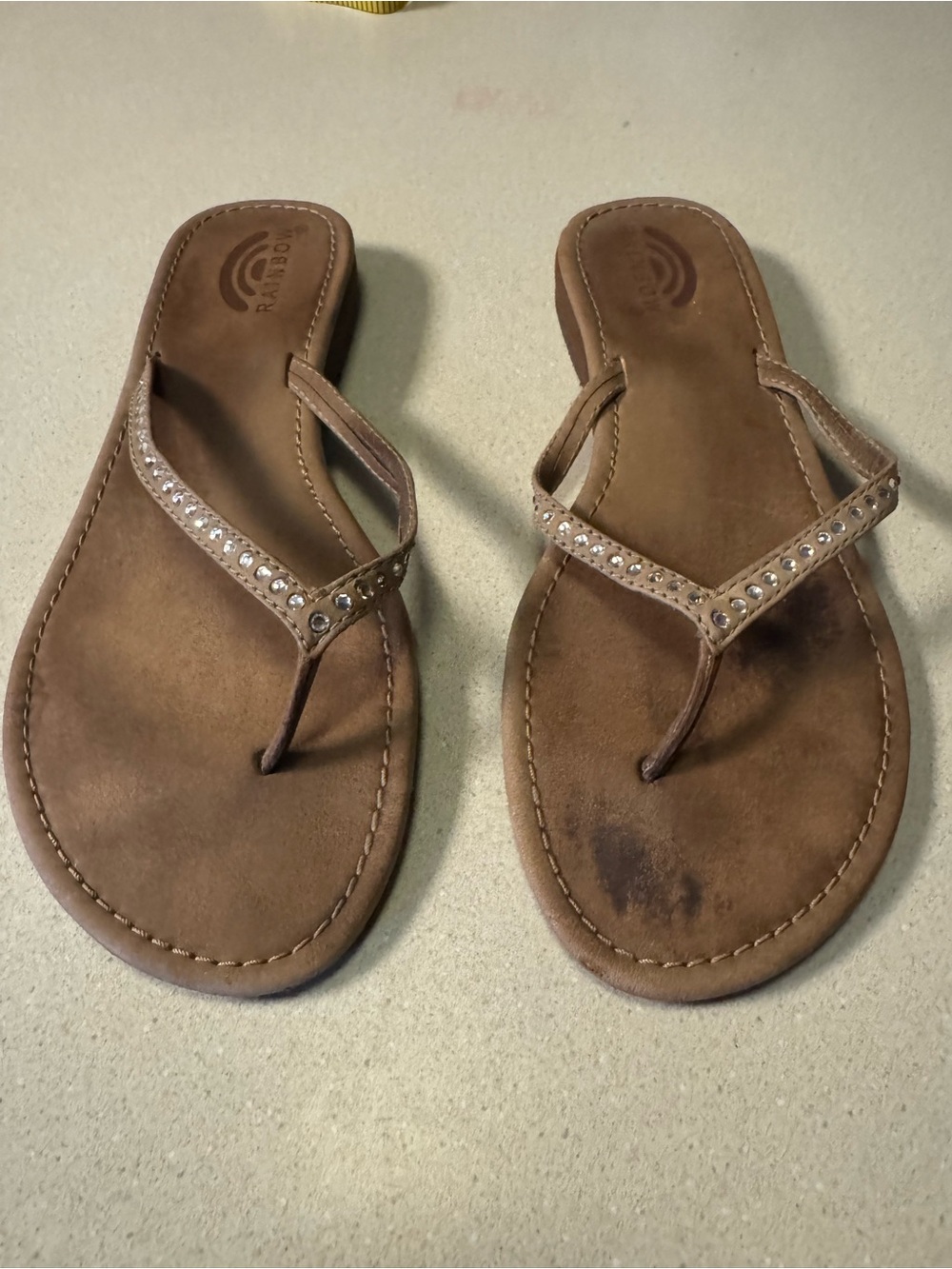 Rainbow Brown Rhinestone T-Strap Flip Flops